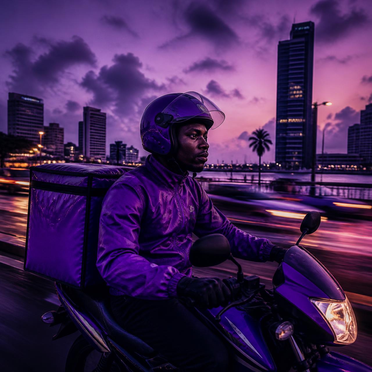 hebrew.delivery rider on a motorbike with a purple delivery box in Lagos at dusk